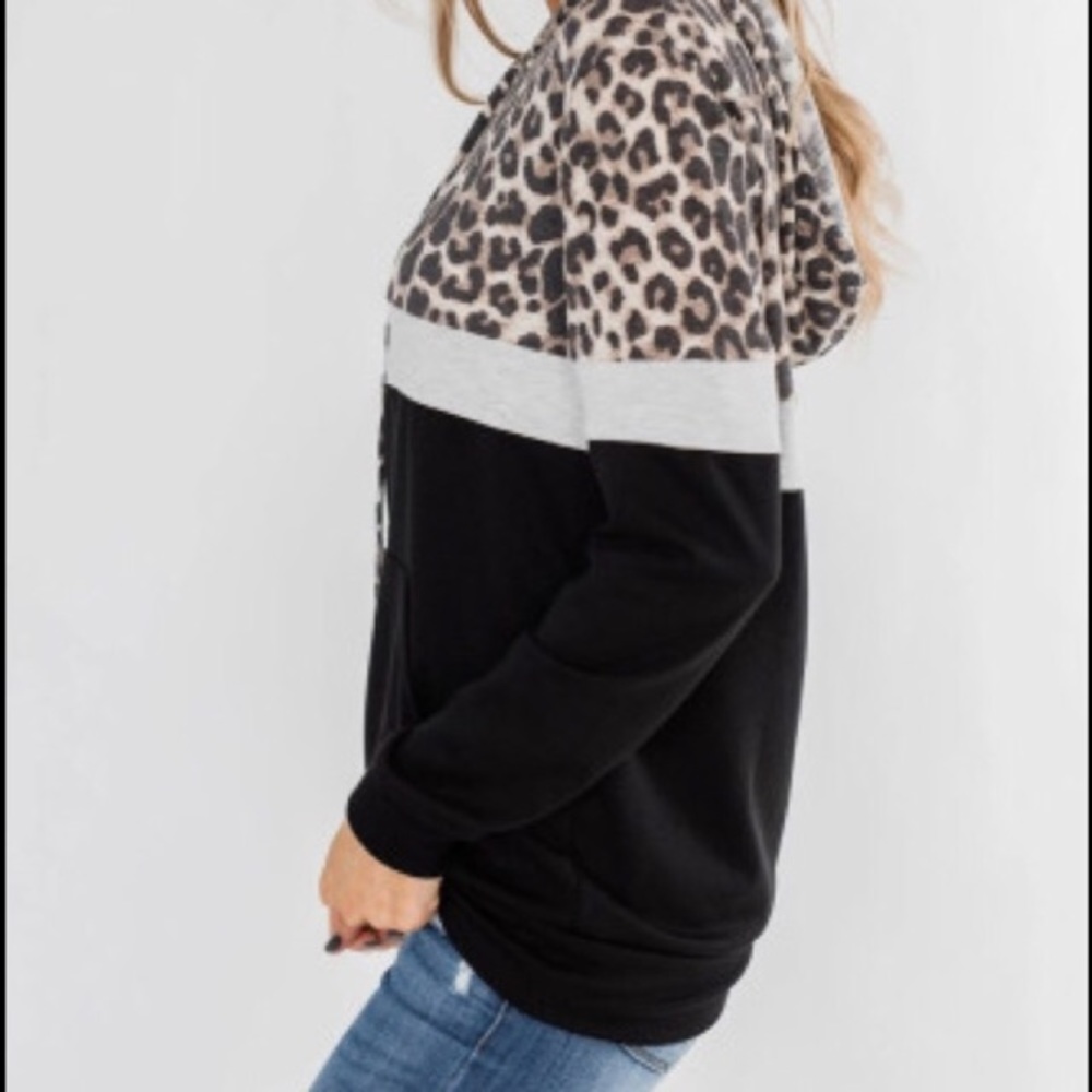 NEW Black & Leopard Color Block Hoodie - Picture 2 of 8